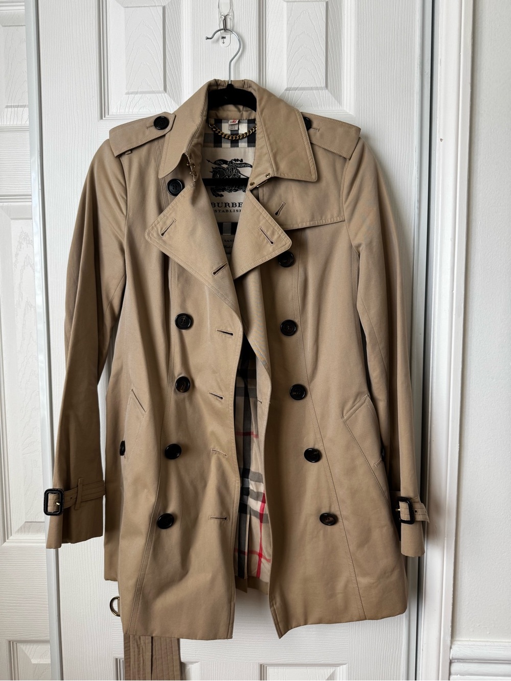 Burberry Khaki Tan Double-Breasted Trench Coat with Signature Check Lining
